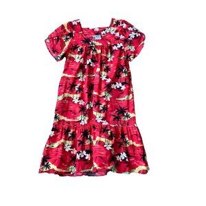 Vintage Hawaiian Togs Red Mumu Dress Large Palm Trees Hibiscus